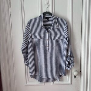 Women’s Ellen Tracy Striped 100% Linen Pop Over Shirt Roll Tab Sleeve Size Large